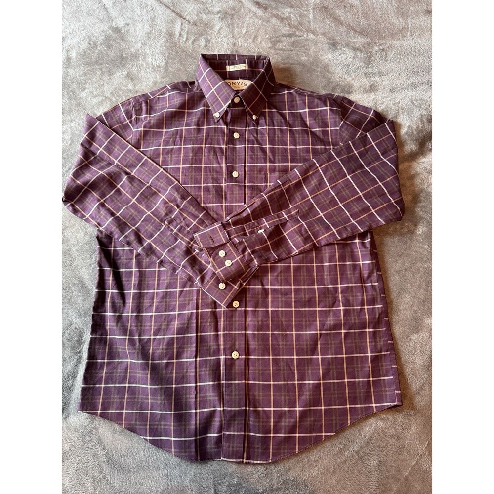 Orvis Trim Fit Wrinkle Free Shirt Sz L Red Plaid Cotton Button Down Long Sleeve
